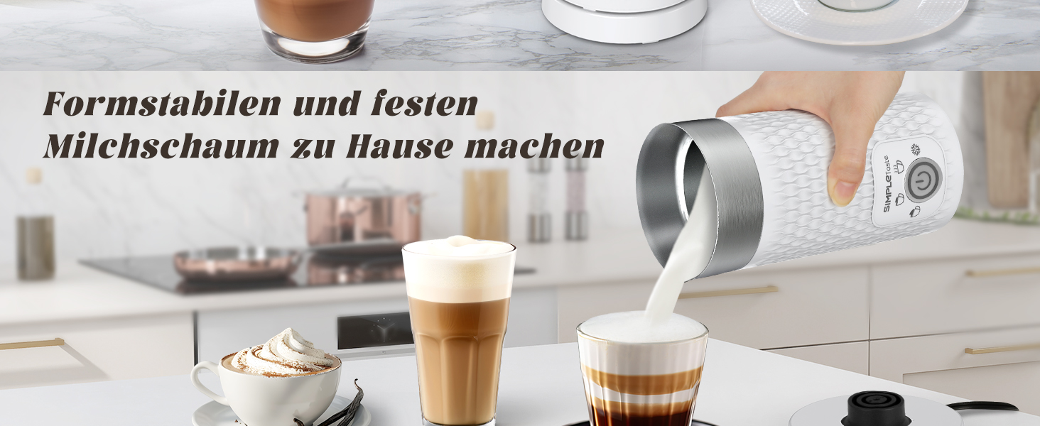 SIMPLETASTE: Електричний спінювач молока 4-в-1, автоматичний, для гарячого та холодного напою, з підігрівом, автоматичне вимкнення, білий