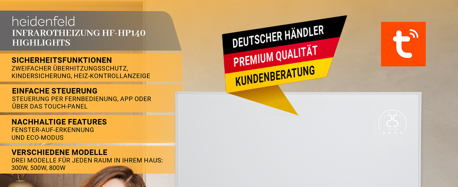 Інфрачервовий обігрівач Heidenfeld HF-HP140 | 300 Вт | 10 м² | 3-в-1: Керування через додаток, пульт, сенсорна панель | Модель HF-HP140
