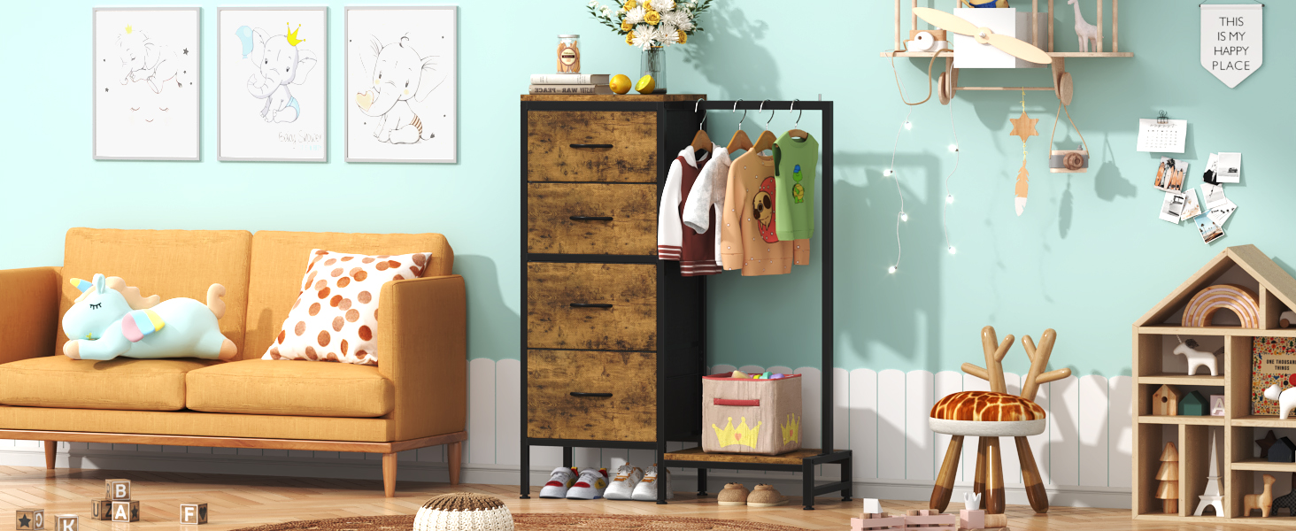 Комод 111 см з 4 висувними ящиками з тканини, з вішалкою, для спальні, вітальні, передпокою, дерев'яний, подарунок