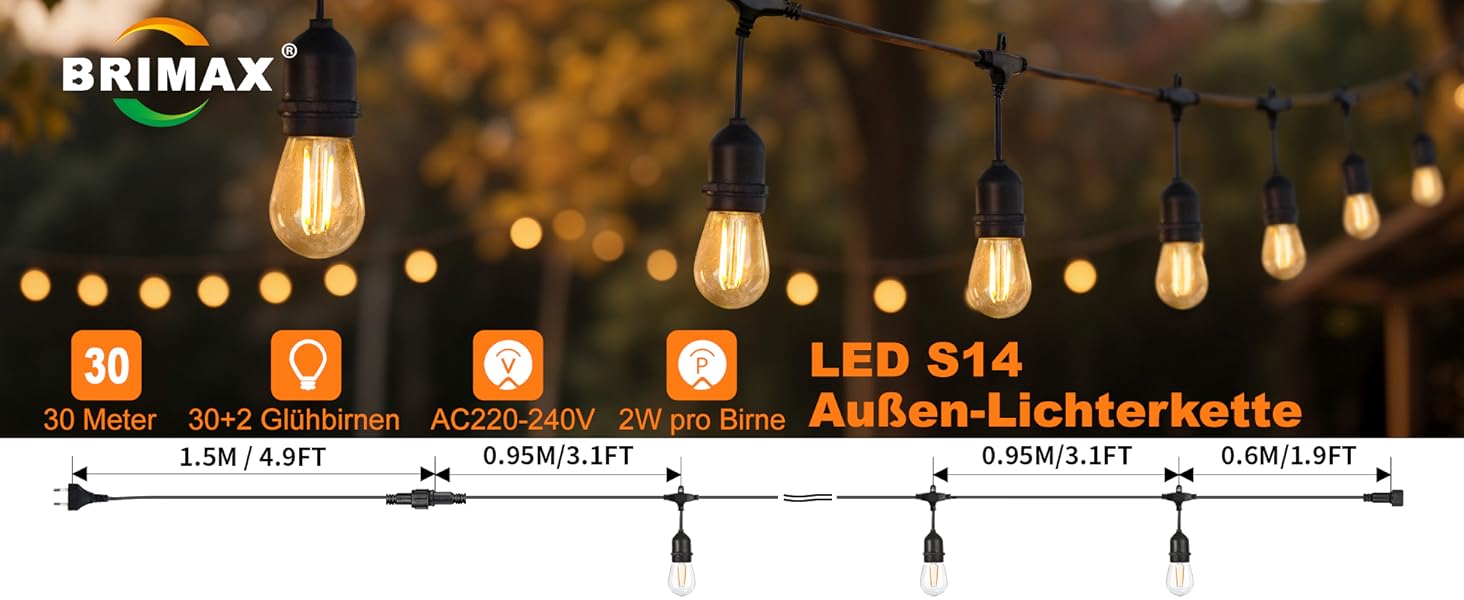 BRIMAX 30M LED гірлянда для вулиці, 220-240V, IP44, 46+4 лампочки G40 E12 1W, 2200K тепле біле світло, розширювана гірлянда для кемпінгу, ярмарку, саду, вечірки
