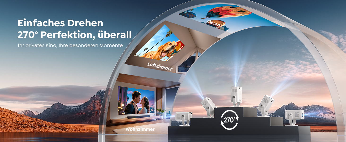 Портативний проєктор Mini Beamer 4K з підтримкою Android 13, WiFi 6, Bluetooth 5.4 та обертанням 270°. Підходить для домашнього кінотеатру, використання на вулиці та підключення до HDMI, Android, iOS, PC, USB. Автоматична корекція трапеції. Білий колір.