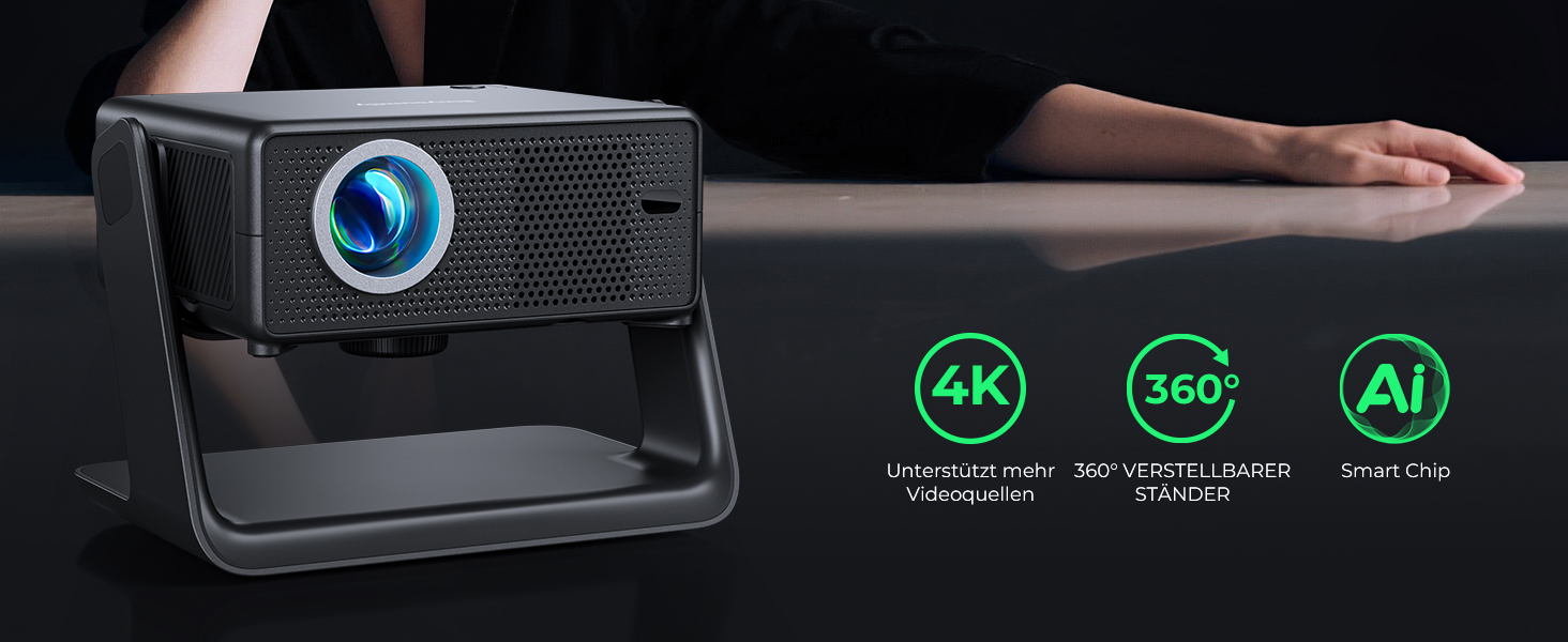 Проектор Beamer 4K з Wi-Fi 6 та Bluetooth, 28000 Люмен, електричний фокус, підтримка Netflix, 10000+ Apps, для дому та на вулицю