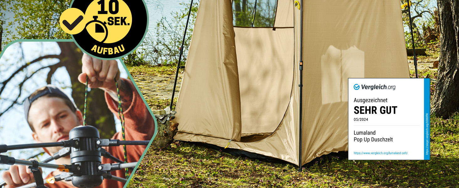 Преміум душова кабіна LUMALAND | Намет для туалету для внутрішнього та зовнішнього використання | Мобільний переодягальний та складний намет | Намет для фотографії тварин | Ідеально для кемпінгу, фестивалів та риболовлі | Водостійкий та вітростійкий, коричневий, на 1 особу