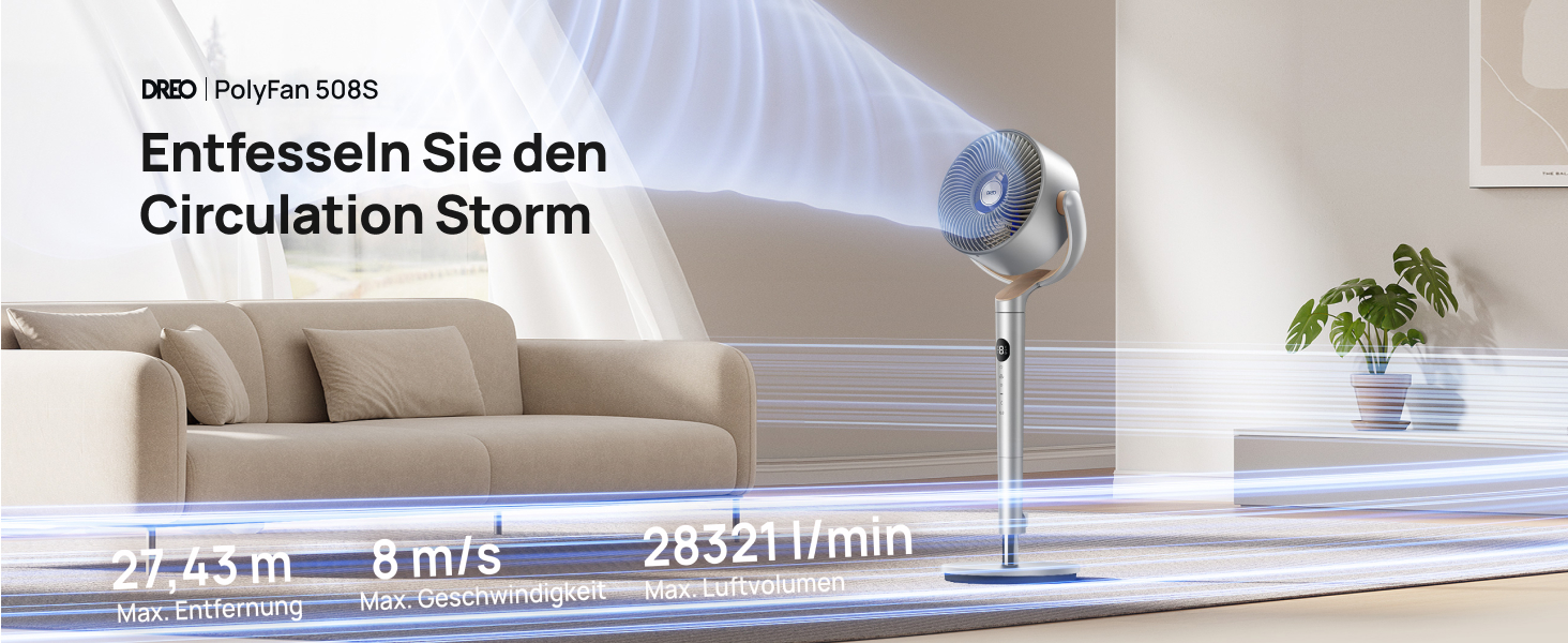 Вентилятор підлоговий Dreo з Wi-Fi та LED, 102 см, 8 швидкостей, 3 режими, тихий 20dB, велика потужність, срібний