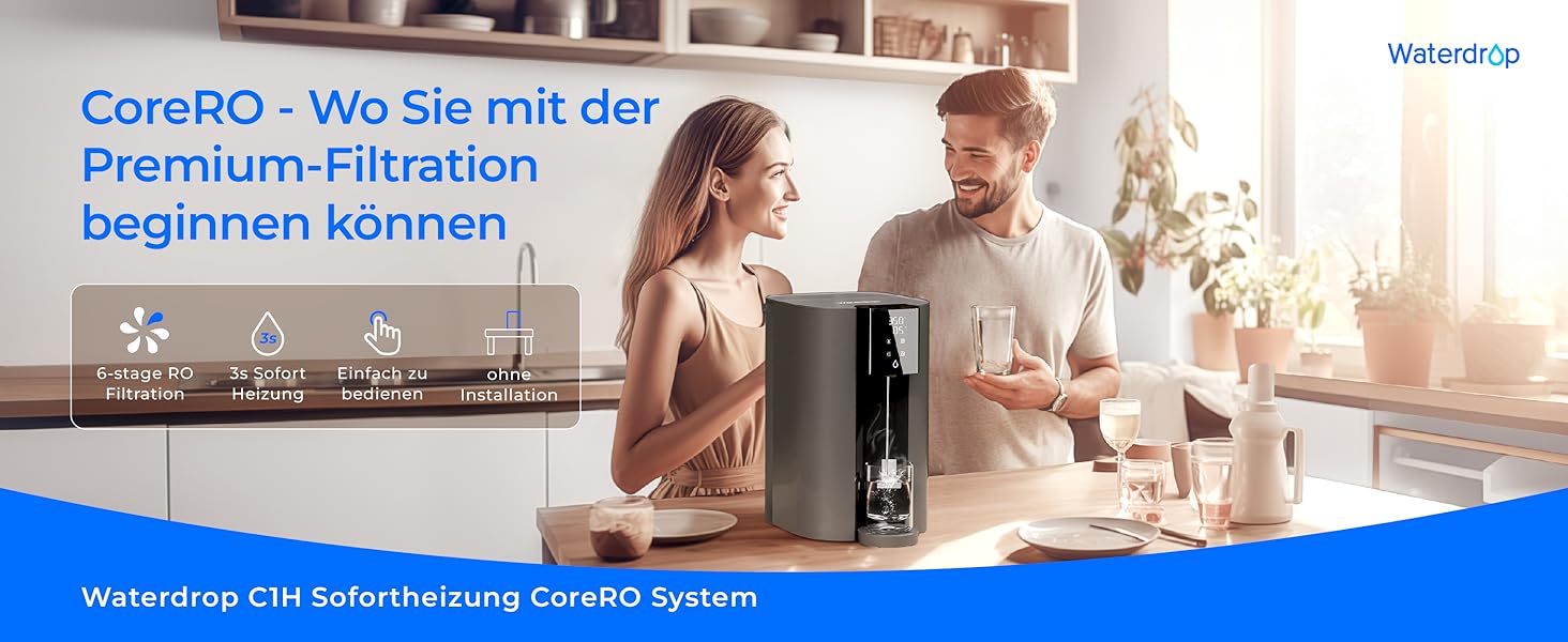 Система зворотного осмосу Waterdrop CoreRO для встановлення на стільницю з миттєвим гарячим водопостачанням, 5 температурних опцій, 6-ступенева фільтрація, 3:1 чиста вода до відпрацювання, зменшує PFAS, без встановлення, WD-C1H