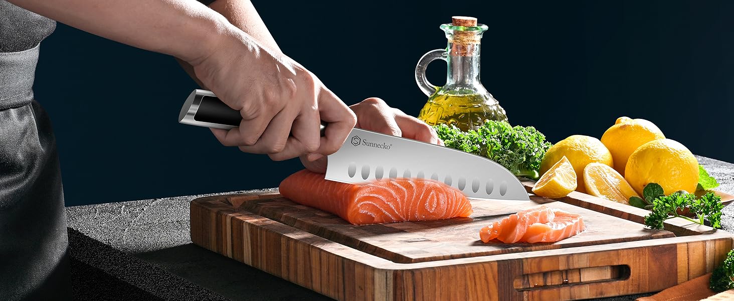 Набір ножів Sunnecko 6 шт. з підставкою – кухонний набір ножів, кухонні ножі з ергономічними ручками, гострими лезами, підставка з нержавіючої сталі та акації