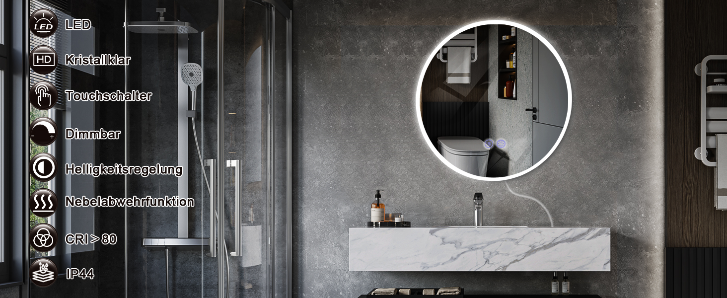 Дзеркало для ванної кімнати кругле LED з підсвічуванням 60 см, IP44. Кругле дзеркало з LED підсвічуванням для ванної кімнати, сенсорне керування, 60x60 см