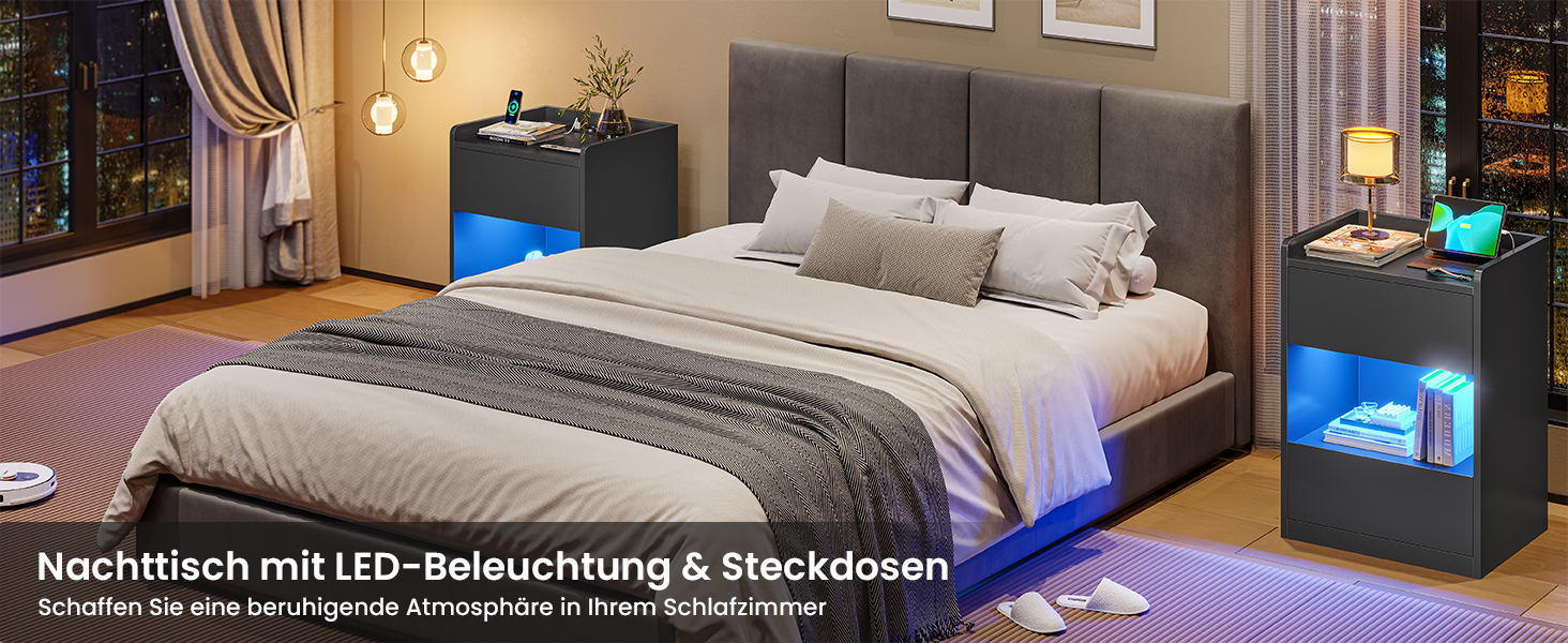 Нічний столик AOGLLATI з LED-підсвічуванням та зарядкою, з шухлядами та полицею, білий (40x35x60 см)