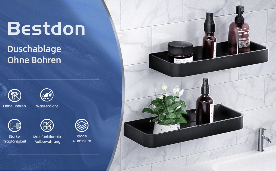 Поличка для душу без свердління, 2 шт. Алюмінієва поличка для душу та ванної кімнати, чорна