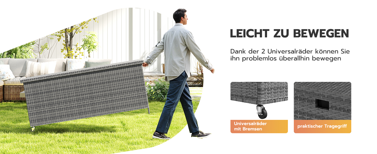 Водонепроникний садовий ящик для зберігання UDPATIO 480л з колесами, сірий 138x61 см | Ящик для подушок, стійкий до УФ-випромінювання та погодних умов для саду, балкону