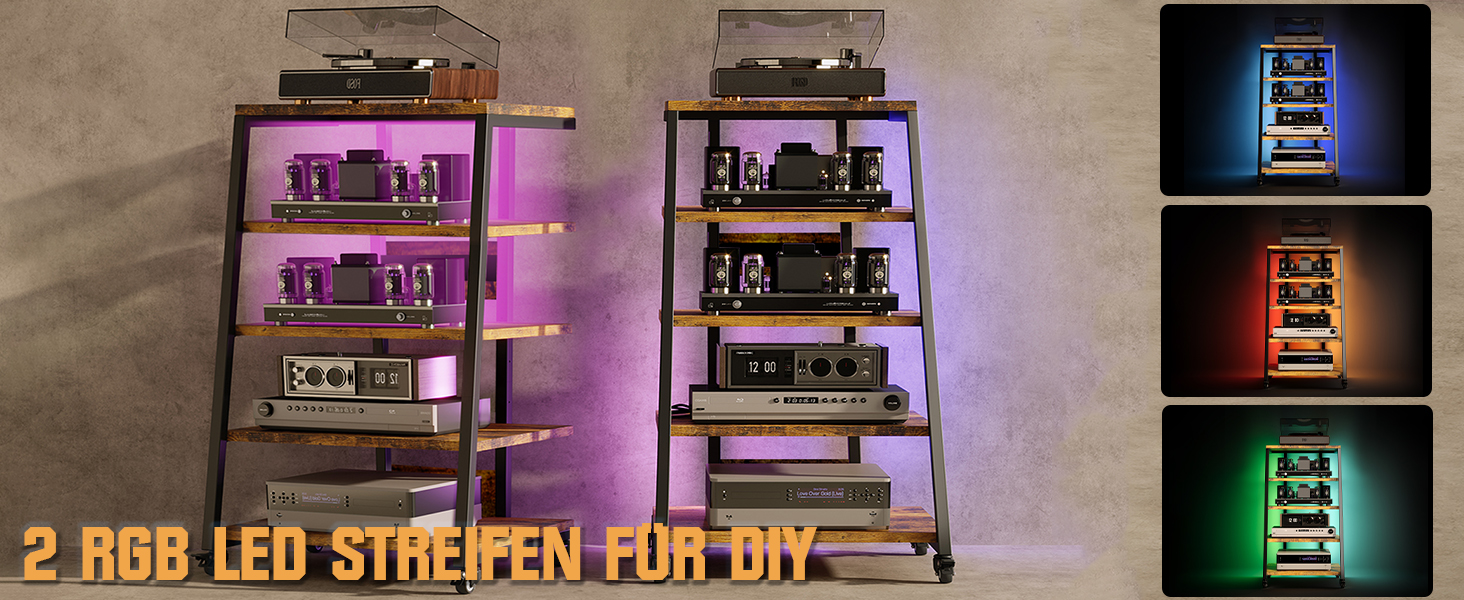 Стеллаж для Hi-Fi апаратури з коліщатками, стіл для програвачів з розетками, LED-підсвічуванням та регульованими полицями. Металевий стійка для аудіо- та стереосистем, 60 x 52 x 110 см