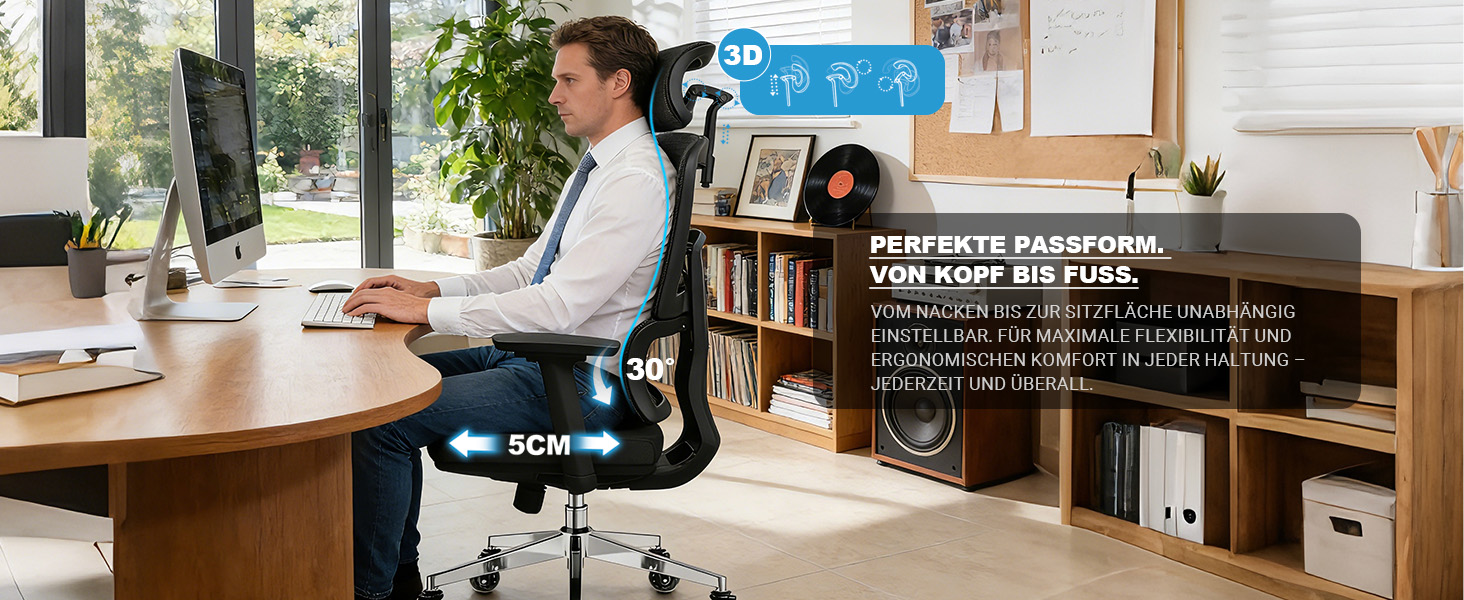 Ергономічне офісне крісло 200 кг | Регульована спинка 6P | 4D підлокітники | Безшумні гумові колеса | Регулювання глибини сидіння | Крісло для великих людей | Перевірено EN12520 | Пінощільність 45