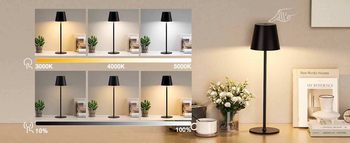 LED настільна лампа бездротова з акумулятором, 3 колірні температури, регулювання яскравості, сенсорне управління, USB-C зарядка, для дому та кемпінгу (чорна)