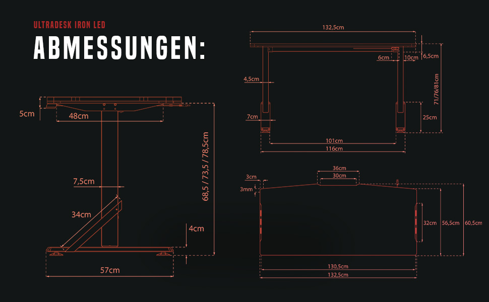 ULTRADESK - Стол для геймінгу Iron - Механічний регульований стіл з RGB підсвічуванням, чорний