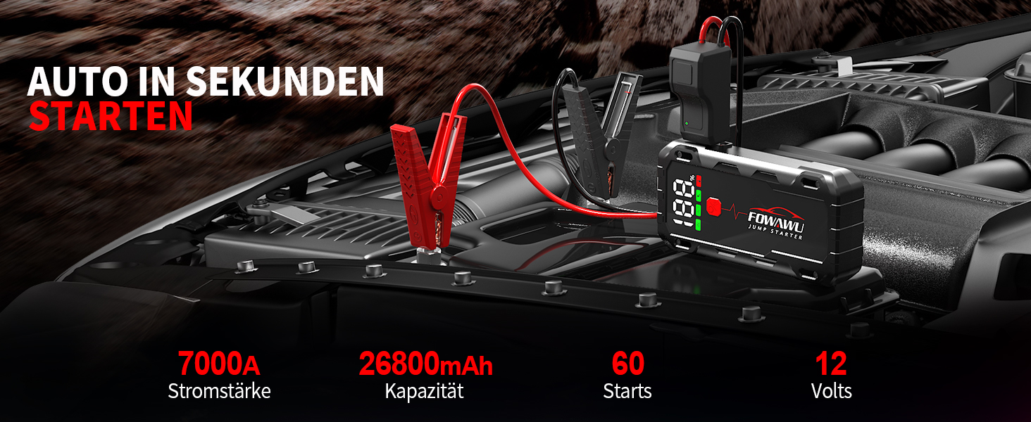 Бустер для автомобіля FOWAWU 7000A 26800mAh — Пусковий пристрій (Jump Starter) для бензинових двигунів до 12л та дизельних до 10л