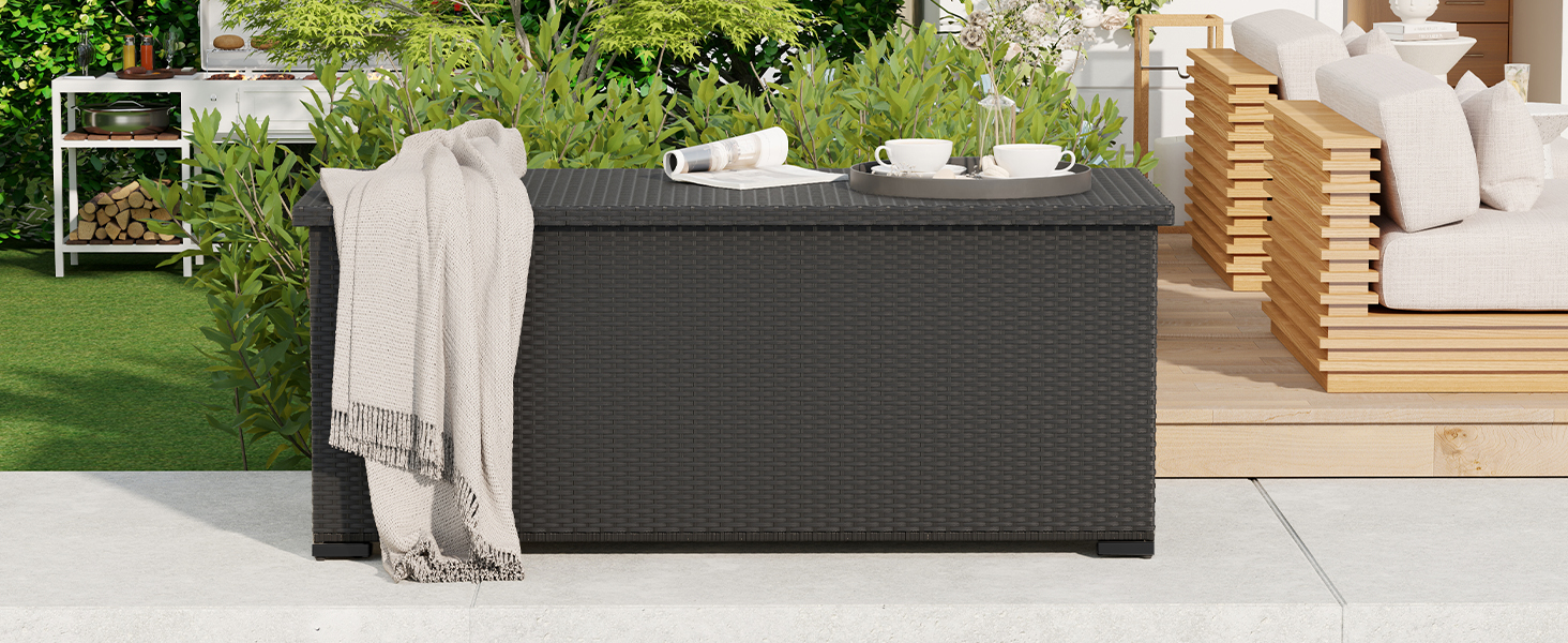 Скриня для подушок садових Polyrattan Amopatio 650л, водонепроникна, з газліфтом, чорна. Ящик для зберігання речей на вулиці для саду, балкону