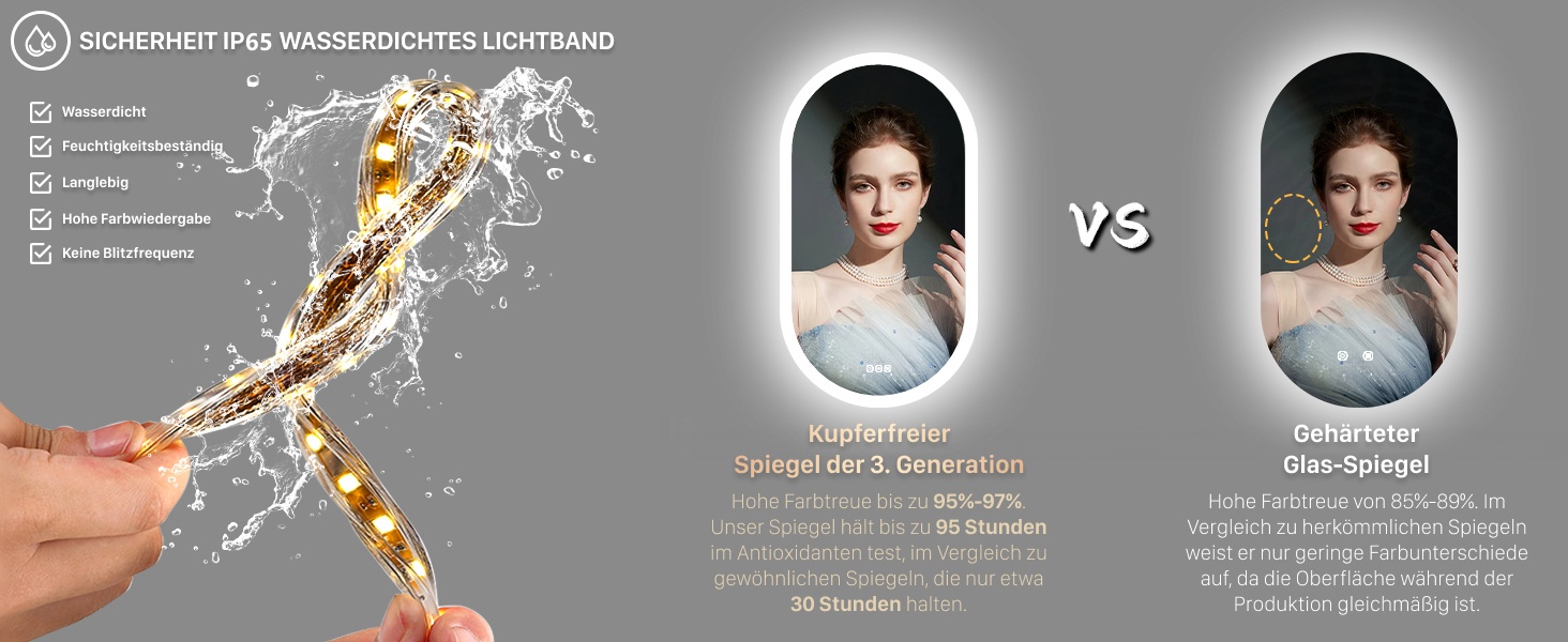 Дзеркало для ванної кімнати LUVODI овальне зі світлом, 50x80 см: LED, сенсорне керування, антизапар, 3 кольори, регулювання яскравості, пам'ять