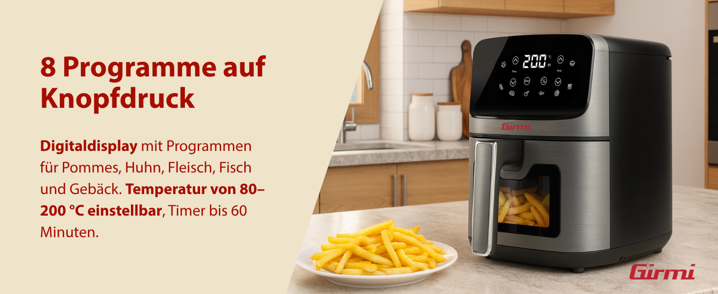 Аерофритюрниця Girmi FG27 Ecofrit Lite, 4.2 л, 1400 Вт, цифровий дисплей, 8 програм, таймер, без BPA та PFOA, сіра