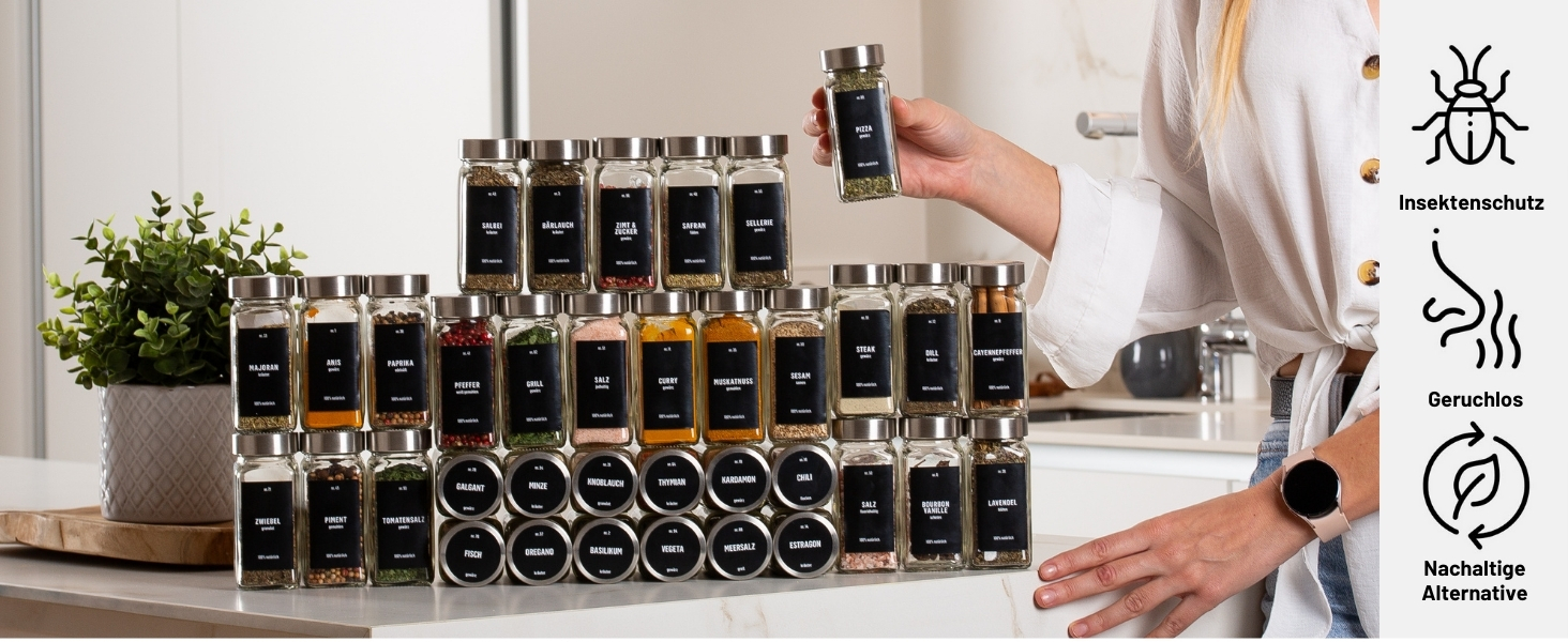 Набір скляних банок для спецій Deco haus® (24 шт.) з етикетками та ситами - органайзер для спецій