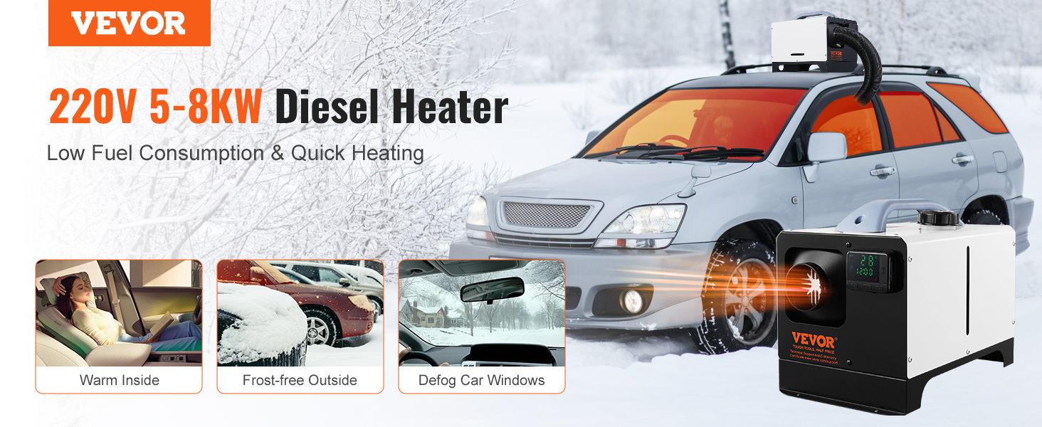 Електрична дизельна піч опалення VEVOR 12V 5-8kW з LCD-дисплеєм, пультом та Bluetooth. Горизонтальна модель.