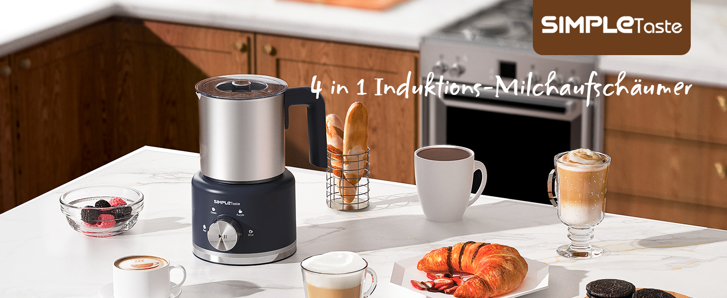 Електричний спінювач молока SIMPLETASTE 4-в-1: гарячий та холодний пінок, нагрів молока, какао, антипригарне покриття, автовимкнення, тиха робота, BPA-free, для капучіно та лате, темно-синій (безпечно мити в посудомийній машині та з запасним вінчиком)