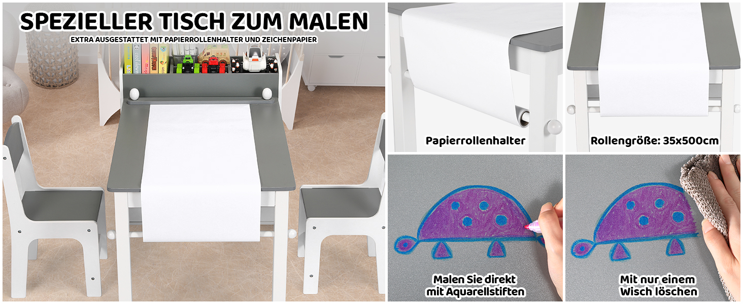 Дитячий стіл Mamizо з 2 стільцями, стіл для малювання та рукоділля, комплект меблів у дитячу кімнату, ігровий стіл з місцем для зберігання для дітей від 3 років (сірий, білий)