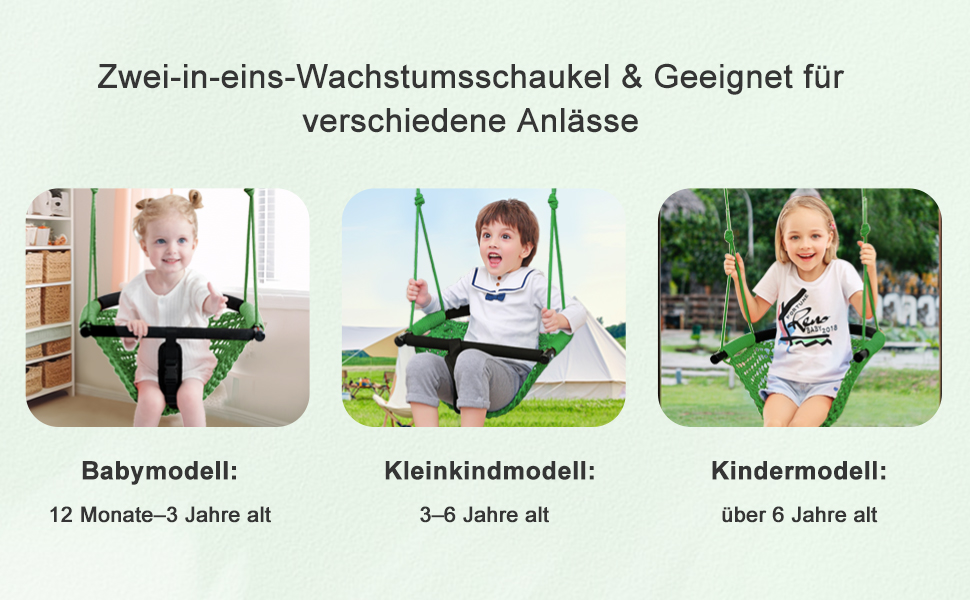 Двомісна гойдалка Nets Tribe 2-в-1 для малюків. Гойдалка для дітей з регульованими мотузками, міцна гойдалка-ігровий набір для дому та саду. (Зелений)