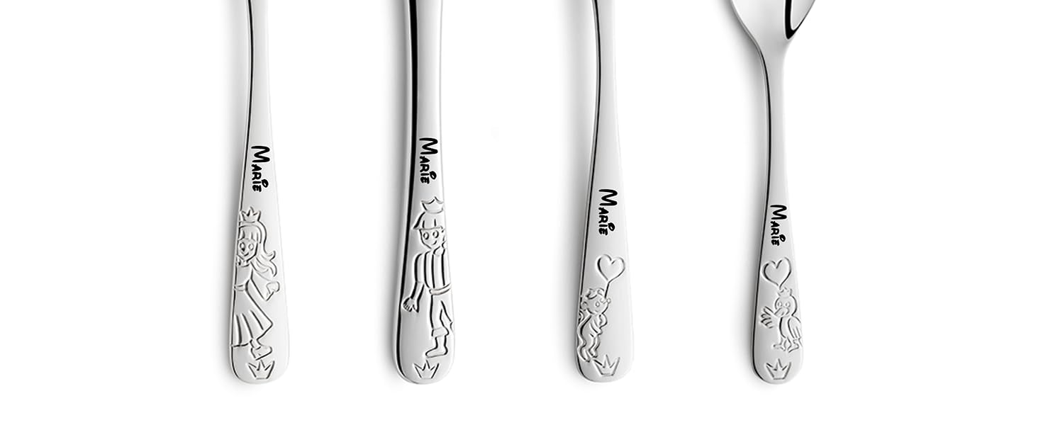 Дитячий набір столових приборів Kinderbesteck з гравіюванням імені/мотива принцеси, 4 шт. з нержавіючої сталі, гравіювання в стильних шрифтах