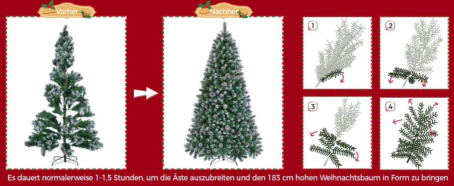 Штучна ялинка Yaheetech 183 см зі снігом та 64 шишками, 920 гілок, вогнестійка, з металевим підставкою та системою швидкого складання