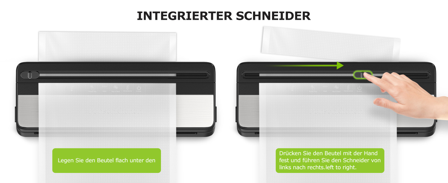 Вакууматор для продуктів Bonsenkitchen для сухих та вологих продуктів з вбудованим різачем, чорний (комплект з рулоном та пакетами)