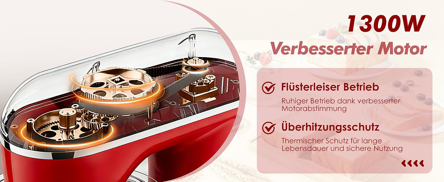 Кухонний комбайн Kitchen in the box Fab-Serie 6L: потужний планетарний міксер 1300 Вт, 10 швидкостей, з набором насадок (гак, вінчик, міксер), червоний