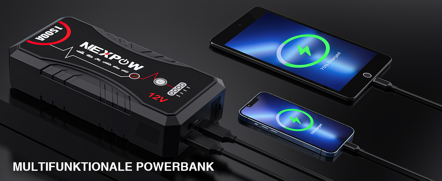 Powerbank Starthilfe NEXPOW 1500A: Зарядний пристрій для автомобіля, стартер, LED ліхтарик, USB, 12V, 1500A