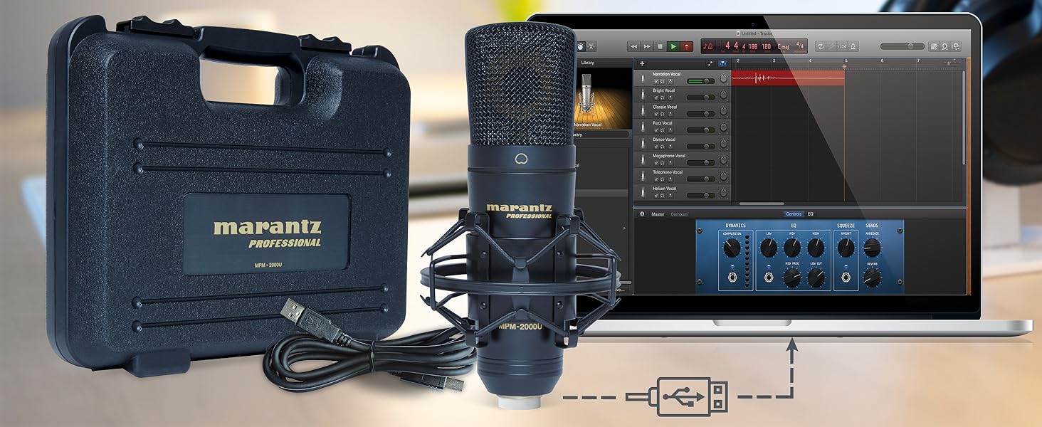 Мікрофон конденсаторний Marantz Professional MPM-1000U з великою мембраною, USB, нирковий характер, для подкастів, студії, геймінгу, з кабелем USB та кріпленням для мікрофона