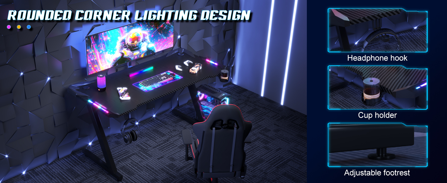 Ігровий стіл JUMMICO з RGB LED-підсвіткою, комп'ютерний стіл для геймерів та Home-office з тримачем для навушників та підстаканником, чорний (140 x 60 см)