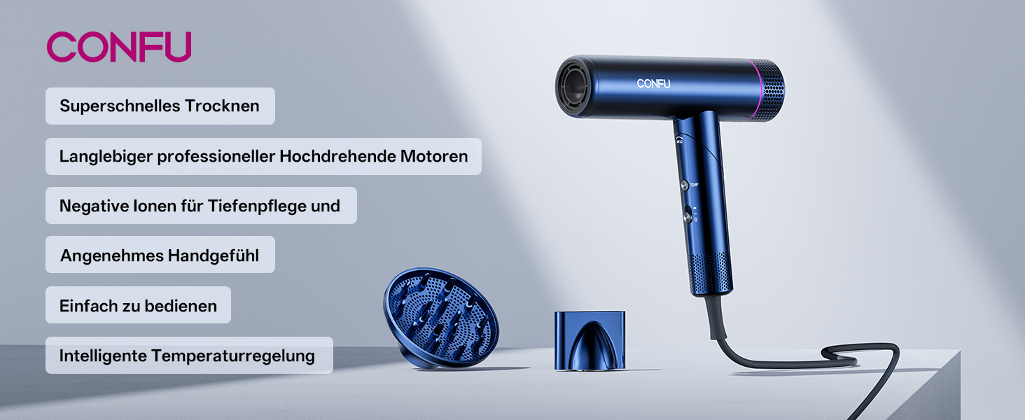 Професійний іонізаційний фен для волосся CONFU 1700W, складаний фен з магнітним диффузором та стилізуючою насадкою, низький рівень шуму, синій