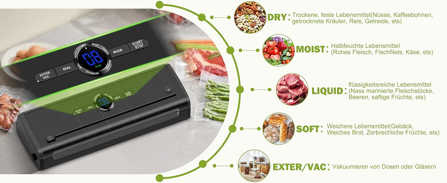 Вакууматор для продуктів 7 в 1, професійний вакуумний пакувальник з подвійним швом, цифровим таймером та різаком, комплект з 50 пакетами (Чорний)