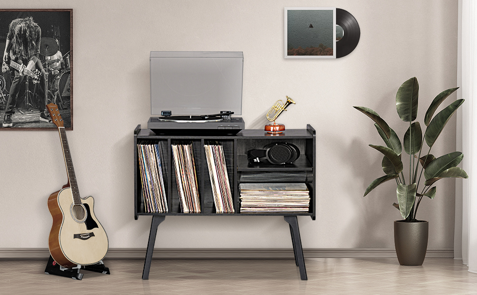 Сумка-органайзер для вінілових платівок LELELINKY: стійка з 4 полицями на 220 платівок, з міцних дерев'яних ніг, Mid-Century дизайн, чорний колір