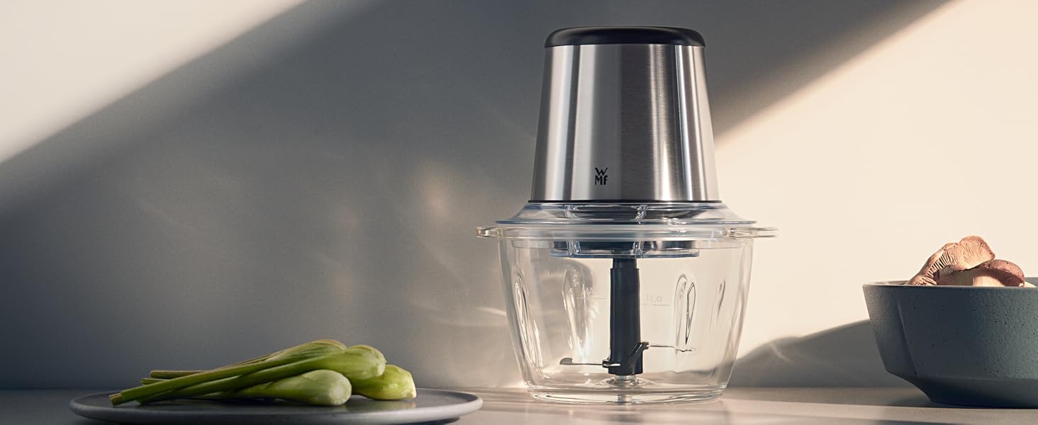WMF Kult X Електричний подрібнювач міні-подрібнювач з скляною чашею та лезами з нержавіючої сталі, для овочів, трав та горіхів, 1л, довговічний, придатний для миття в посудомийній машині