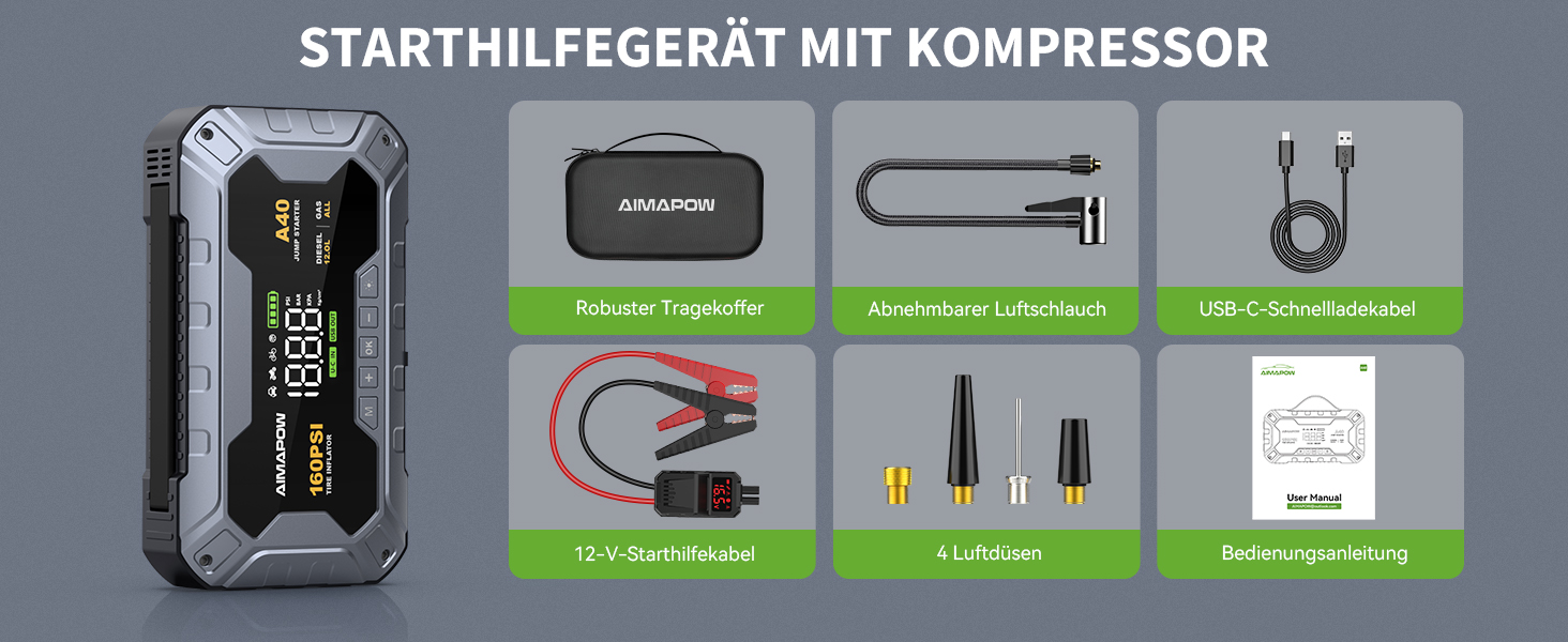 Powerbank для автомобіля AIMAPOW Starthilfe 8000A з компресором та LED-ліхтарем, 27000mAh, 160PSI, для бензинових та дизельних двигунів (до 12.0L)