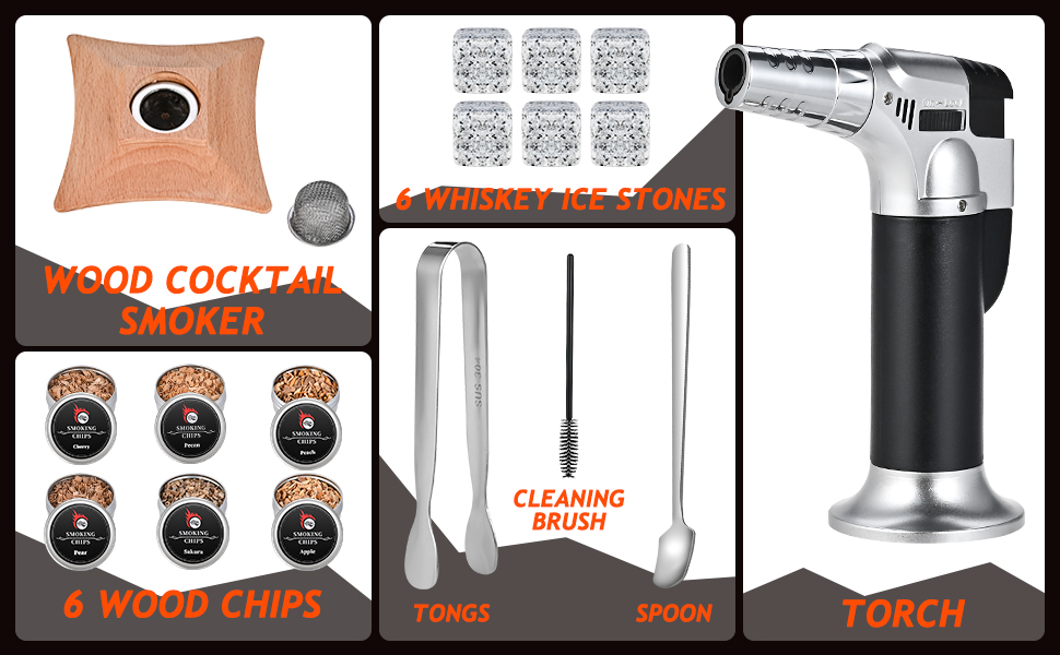 Набір для копчення коктейлів GOLDGE: набір для віскі з 6 видами дерев'яної стружки, ліхтарик, каміння для віскі. Подарунок для батька, чоловіка