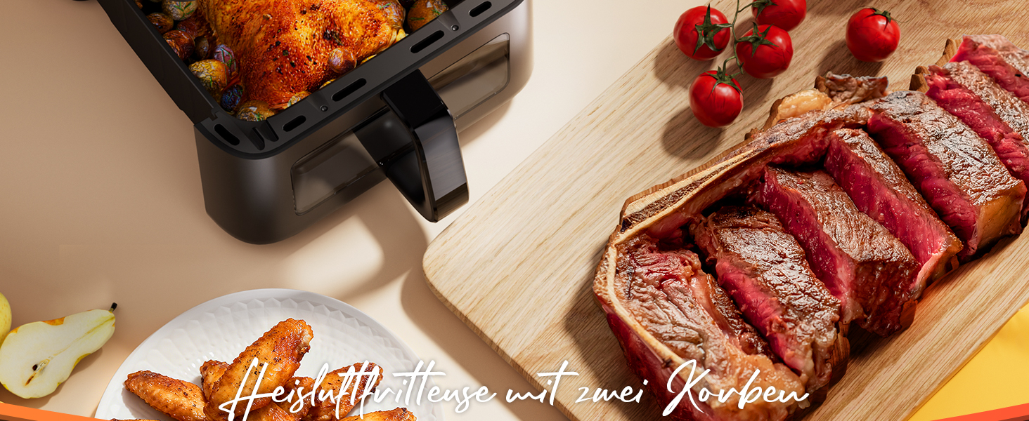 Фритюрниця без олії Heißluftfritteuse з подвійним набором камер 10л з оглядовим вікном, 10-в-1, сенсорне управління, таймер, економна, чорна 3.5л+6.5л