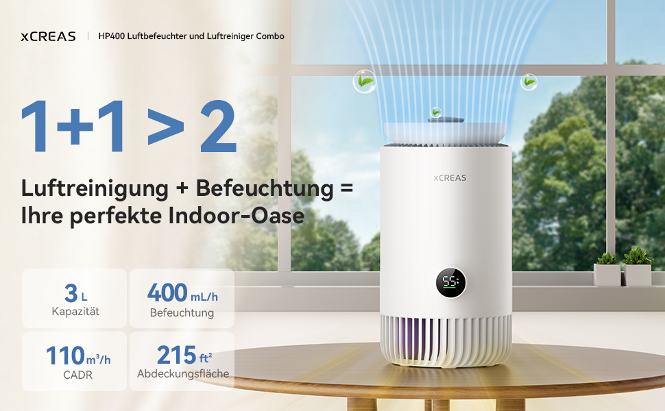 Повітряочисник та зволожувач повітря 2 в 1 – зволожувач-випарник + HEPA-повітряочисник для спальні, резервуар 3 л з верхнім заповненням, надзвичайно тихий 23 дБ, без туману та пилу