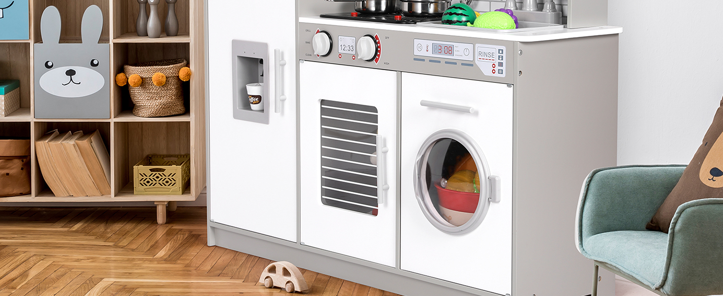 Дерев'яна дитяча кухня MAMIZO з підсвіткою та звуком, 82x80x25 см. Комплектація: аксесуари. Підходить для дітей від 3 років. Білий (сіро-білий) колір.