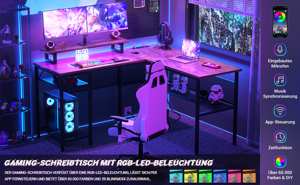 L-подібний ігровий стіл, 141x117x76 см, з полицею, для дому, офісу, навчання, ігор (Рустикальний коричневий)