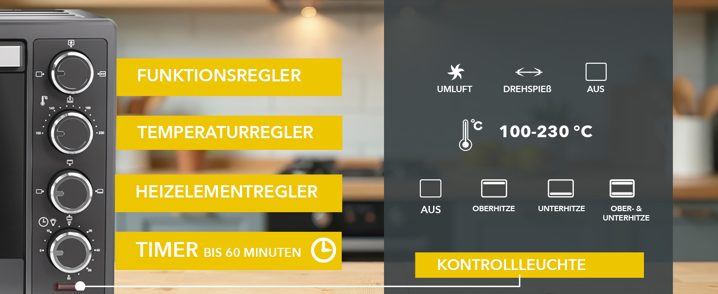 Багатофункціональна міні-піч Heinrich's 48L з конвекцією, таймером, підсвічуванням, 100-230°C, сенсорне керування, з аксесуарами, чорна, 2000W