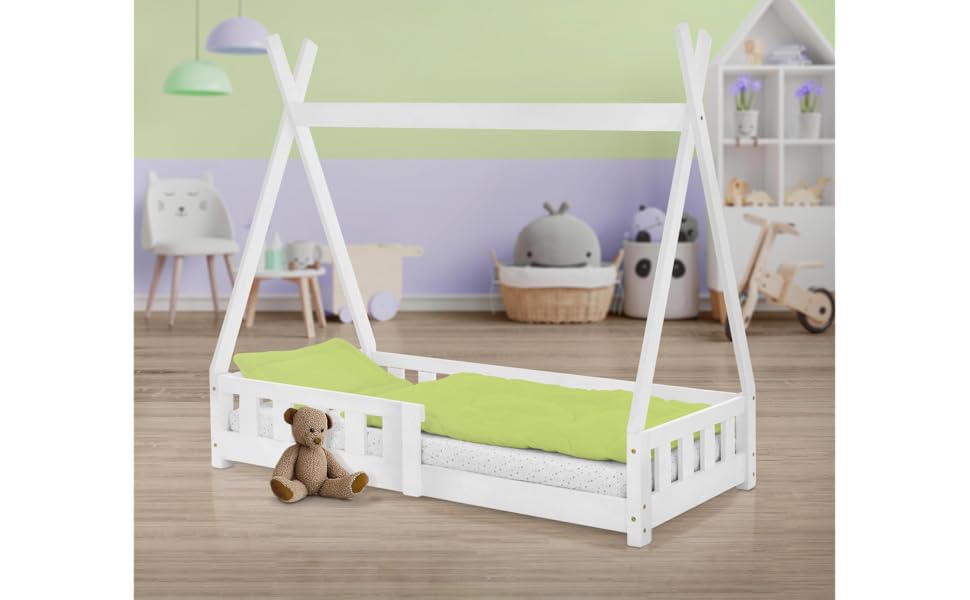 Дитяче ліжко-халапа Tipi 70x140 см біле з бортиками та ламелями, з сосни, індіанське ліжко для дівчаток та хлопчиків, будиночок-ліжко з огорожею, ліжко-халапа для дітей та підлітків, ігрове ліжко-намет