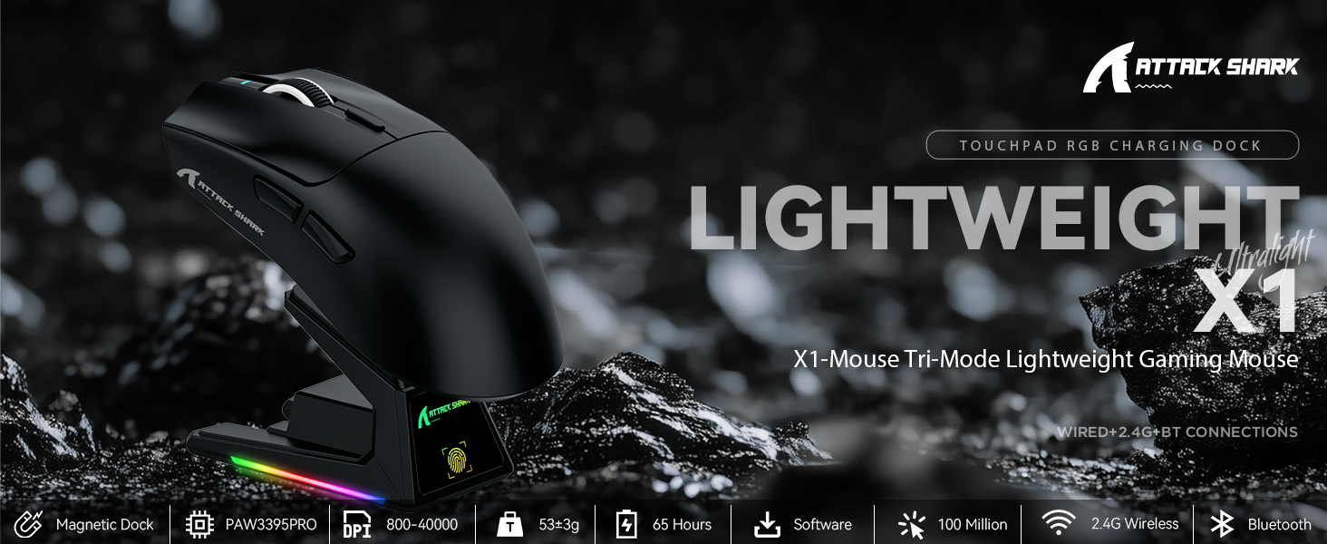 Ігрова миша Attack Shark X1 White: бездротова (BT/2.4G) та дротова, сенсор PixArt PAW3395PRO, 40000 DPI, вага 53г, з RGB док-станцією для зарядки, для Win11/Xbox/PS/Mac