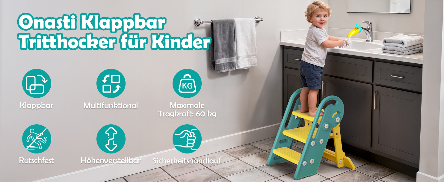 Дитячий підсвічник Onasti Tritthocker Kinder: регульована висота, 3 сходинки, з ручками, складний, анти-кіп та анти-ковзний, для кухні, ванної, раковини та туалету (сірий) сіро-білий (зелений)