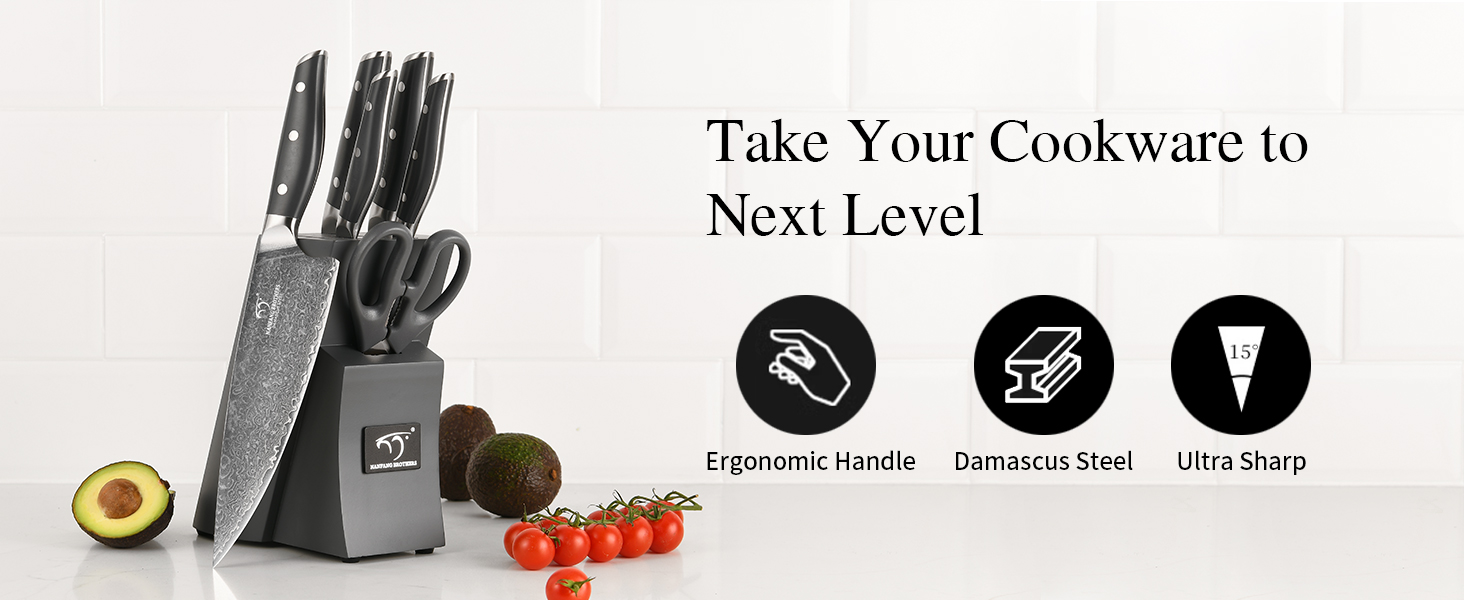 Набір кухонних ножів NANFANG BROTHERS Дамаск 7 предметів з бруском, нековзний ABS, нержавіюча сталь, шеф-ніж, хлібний ніж, сантоку, ніж для чищення, ножиці