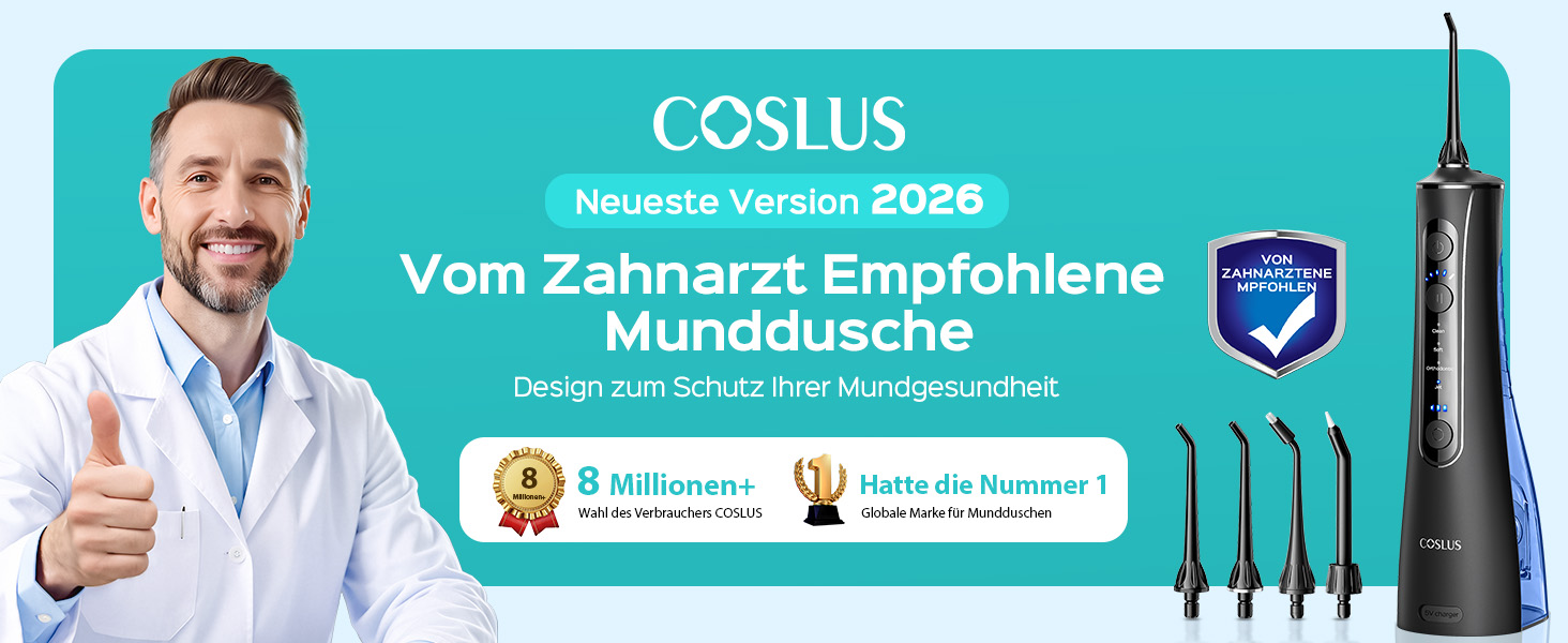 COSLUS Електрична душова лійка: 20 бар, IPX7, водонепроникна, 4 режими для догляду за порожниною рота, 5 інтенсивностей, чорна
